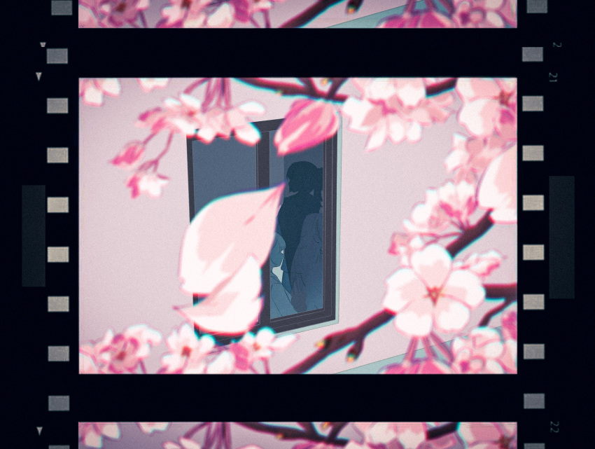 bang_dream! bang_dream!_it's_mygo!!!!! cherry_blossoms commentary_request falling_petals film_border film_grain highres people petals raito_taisha silhouette window
