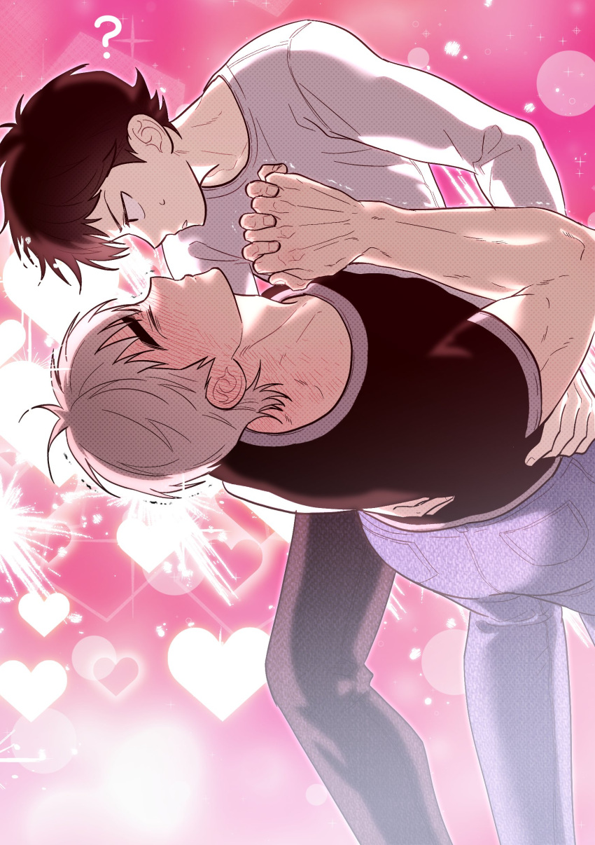 2boys ? absurdres black_hair black_shirt blush closed_eyes denim feet_out_of_frame gradient_background hands_on_another's_waist heart heart_background highres jeans kkonyaong32226 long_sleeves male_focus multiple_boys pants pink_background pocket scott_pilgrim_(series) scott_pilgrim_takes_off shirt short_hair short_sleeves sparkle_background sweatdrop todd_ingram wallace_wells white_hair white_shirt yaoi