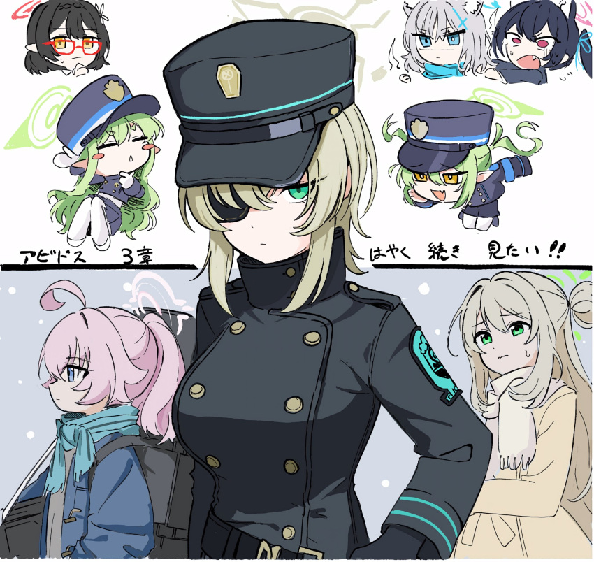 6+girls ahoge animal_ear_fluff animal_ears ayane_(blue_archive) bag black_coat black_gloves black_hat blue_archive blush_stickers chibi closed_mouth coat commentary_request eyepatch fang glasses gloves green_eyes green_hair hair_between_eyes hat highres hikari_(blue_archive) hoshino_(blue_archive) long_hair long_sleeves multiple_girls nonomi_(blue_archive) nozomi_(blue_archive) open_mouth orange_eyes pink_hair pointy_ears ribbon scarf serika_(blue_archive) shiroko_(blue_archive) short_hair suou_(blue_archive) sweat translation_request twintails uniform white_gloves yako2189