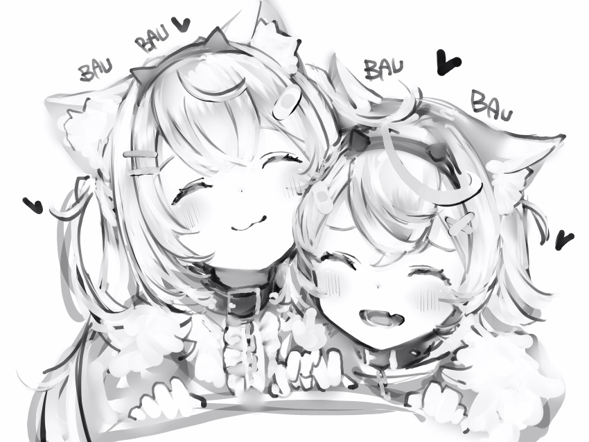 2girls :3 :d ^_^ animal_ear_fluff animal_ears bandaid bandaid_hair_ornament belt_collar chain closed_eyes collar dog_ears dot_nose double-parted_bangs facing_viewer fang fuwawa_abyssgard greyscale hair_ornament hairband hairclip heart highres hololive hololive_english horn_hairband light_blush long_hair mococo_abyssgard monochrome multiple_girls nanashi_(nlo) open_mouth pov short_hair simple_background sketch skin_fang smile two_side_up virtual_youtuber