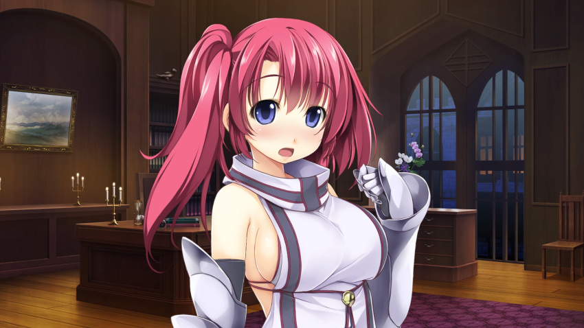 1girl armored_gloves atelier-moo bare_shoulders blue_eyes blush breasts curtained_hair detached_sleeves embarrassed hair_between_eyes highres indoors large_breasts long_hair looking_at_viewer open_mouth red_hair side_ponytail sideboob solo spica_celest standing surprised upper_body wizards_symphony