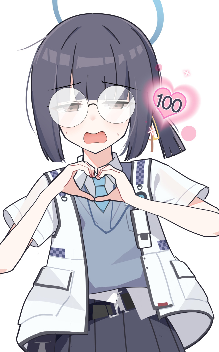 1girl absurdres black_hair blue_archive brown_eyes glasses halo heart heart_hands highres level_up millennium_science_school_student_(blue_archive) millennium_science_school_student_a_(blue_archive) necktie opaque_glasses pleated_skirt school_uniform short_hair simple_background skirt solo sweater_vest white_background xaiqi