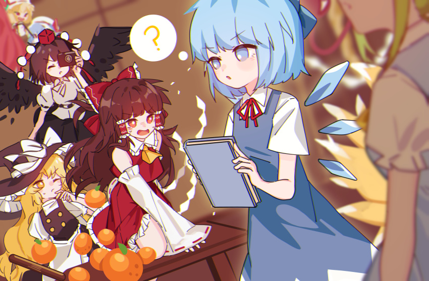 6+girls ? absurdres abyssitanuki apron ascot bird_wings black_hair black_skirt black_vest black_wings blonde_hair blue_bow blue_dress blue_eyes blue_hair book bow brown_hair camera cirno daiyousei detached_sleeves detached_wings dress flandre_scarlet food fox_tail frilled_bow frilled_hair_tubes frills fruit game_cg green_hair hair_bow hair_tubes hakurei_reimu hat hat_bow hat_ribbon highres holding holding_book holding_camera ice ice_wings kirisame_marisa long_hair mandarin_orange mob_cap multiple_girls multiple_tails neck_ribbon non-web_source official_art one_eye_closed open_mouth pinafore_dress pom_pom_(clothes) puffy_short_sleeves puffy_sleeves red_bow red_eyes red_hat red_ribbon red_skirt remilia_scarlet ribbon ribbon-trimmed_sleeves ribbon_trim shameimaru_aya shirt short_hair short_sleeves siblings sisters skirt skirt_set sleeveless sleeveless_dress smile sweat tail tokin_hat touhou touhou_hero_of_ice_fairy vest waist_apron white_bow white_shirt wings witch_hat yakumo_ran yellow_ascot yellow_eyes