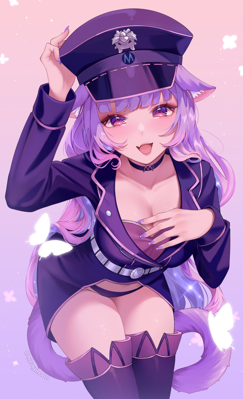 1girl absurdres animal_ear_fluff animal_ears black_choker black_coat black_hat black_panties black_thighhighs breasts bug butterfly cat_ears cat_girl cat_tail choker coat colored_inner_hair eyelashes fang hand_on_headwear hat highres indie_virtual_youtuber long_hair long_sleeves miraymoon multicolored_hair open_mouth panties peaked_cap phinea_miaow pink_background purple_eyes purple_hair purple_nails skin_fang solo sparkle tail thighhighs twitter_username two-tone_hair underwear very_long_hair virtual_youtuber