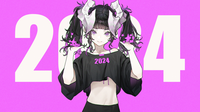 1girl 2024 absurdres alver black_hair black_shirt blunt_bangs closed_mouth clothes_writing collarbone crop_top crop_top_overhang hands_in_own_hair hands_up highres horns looking_at_viewer loose_clothes loose_shirt medium_hair midriff mole mole_under_mouth number_background original pink_background purple_eyes shirt solo straight-on twintails upper_body white_horns wide_sleeves