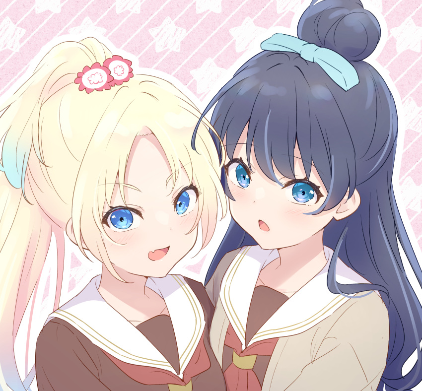 2girls :d absurdres alternate_hairstyle blonde_hair blue_eyes blue_hair blue_ribbon brown_cardigan brown_dress cardigan chestnut_mouth dark_blue_hair dress fang flower gradient_hair hair_bun hair_flower hair_ornament hair_ribbon hairstyle_switch half_updo hasu_no_sora_school_uniform high_ponytail highres light_blue_hair link!_like!_love_live! long_hair long_sleeves looking_at_viewer love_live! multicolored_hair multiple_girls murano_sayaka neckerchief open_cardigan open_clothes open_mouth osawa_rurino outline parted_bangs pink_background pink_flower red_neckerchief ribbon sailor_collar sailor_dress school_uniform sidelocks single_hair_bun skin_fang smile starry_background striped_background upper_body v-shaped_eyebrows virtual_youtuber white_flower white_outline white_sailor_collar winter_uniform yutuki_ame