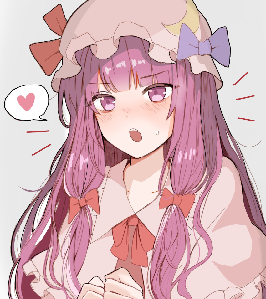 1girl blush bow bowtie hat heart highres mob_cap one-hour_drawing_challenge open_mouth patchouli_knowledge purple_eyes purple_hair solo speech_bubble sssoomm112 sweat sweatdrop touhou v-shaped_eyebrows