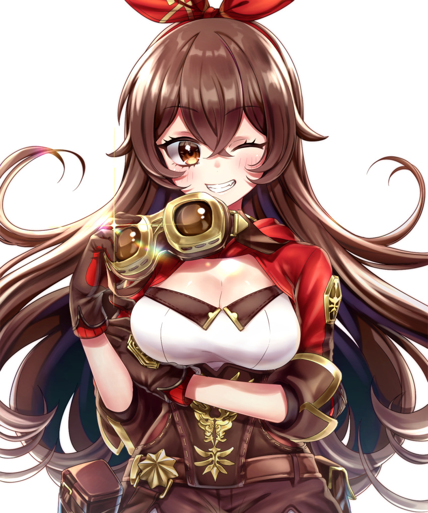 1girl amber_(genshin_impact) belt breasts brown_belt brown_eyes brown_gloves brown_hair brown_shorts cleavage crossed_bangs genshin_impact gloves goggles hair_ribbon highres holding holding_goggles ichiko_1234 leather_shorts long_hair medium_breasts one_eye_closed pouch red_ribbon ribbon shorts smile solo