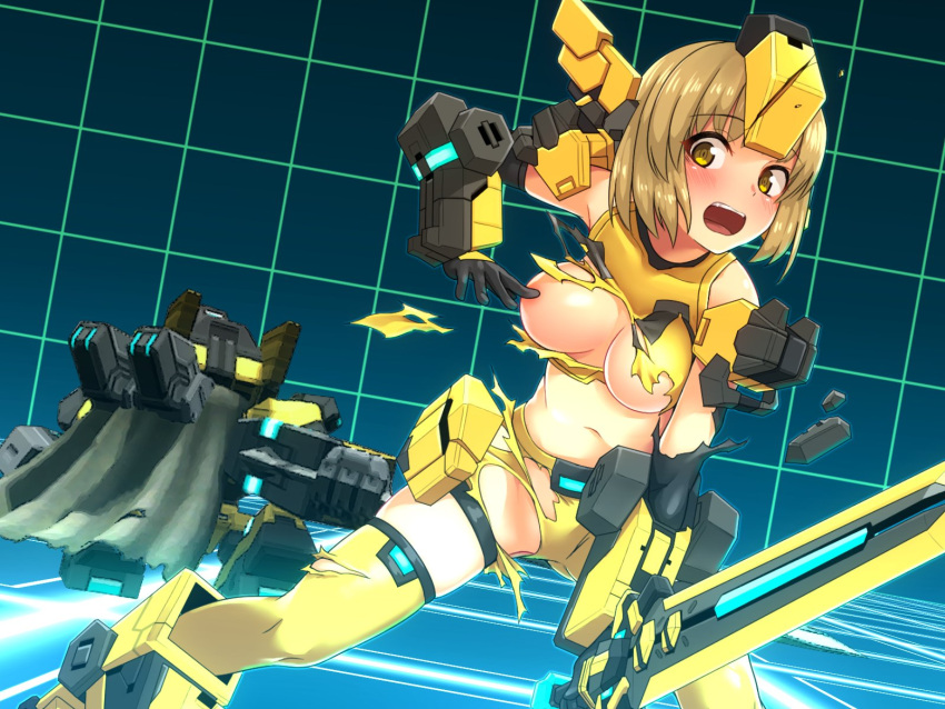 1girl ai_yori_akashi areola_slip armored_boots bare_shoulders black_cape blonde_hair blush boots breasts cape cosmic_break cosmic_break_2 game_screenshot_background headgear highres holding holding_sword holding_weapon mecha_musume medium_breasts midriff navel open_mouth rei_(cosmic_break) robot robot_ears short_hair sidelocks surprised sword teeth thighhighs torn_clothes upper_teeth_only weapon yellow_eyes yellow_thighhighs zero_saber_(cosmic_break)