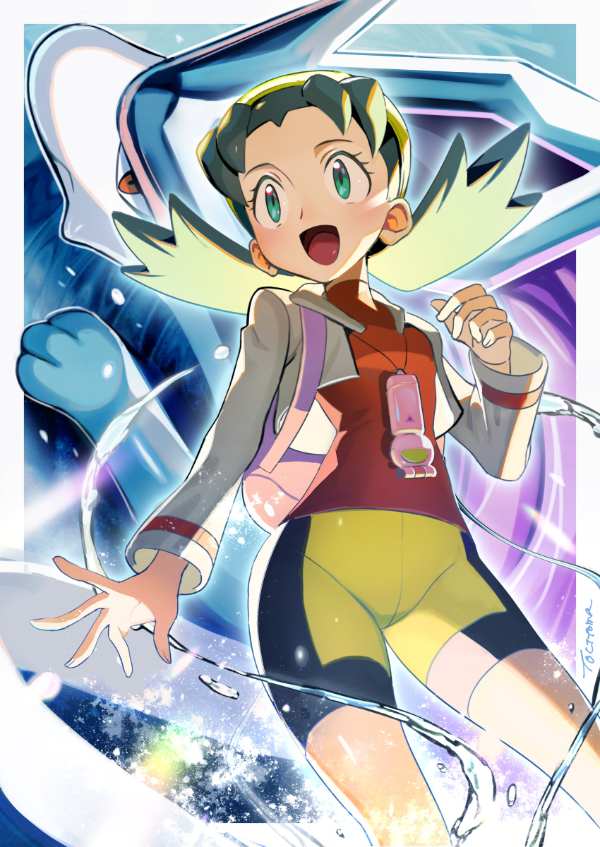 1girl =_(9_yawbus) absurdres bike_shorts black_shorts blue_eyes blue_hair blue_skin colored_skin cowboy_shot cropped_jacket highres jacket kris_(pokemon) long_hair pokemon pokemon_gsc red_eyes red_shirt shirt shorts suicune white_jacket yellow_hat yellow_shorts