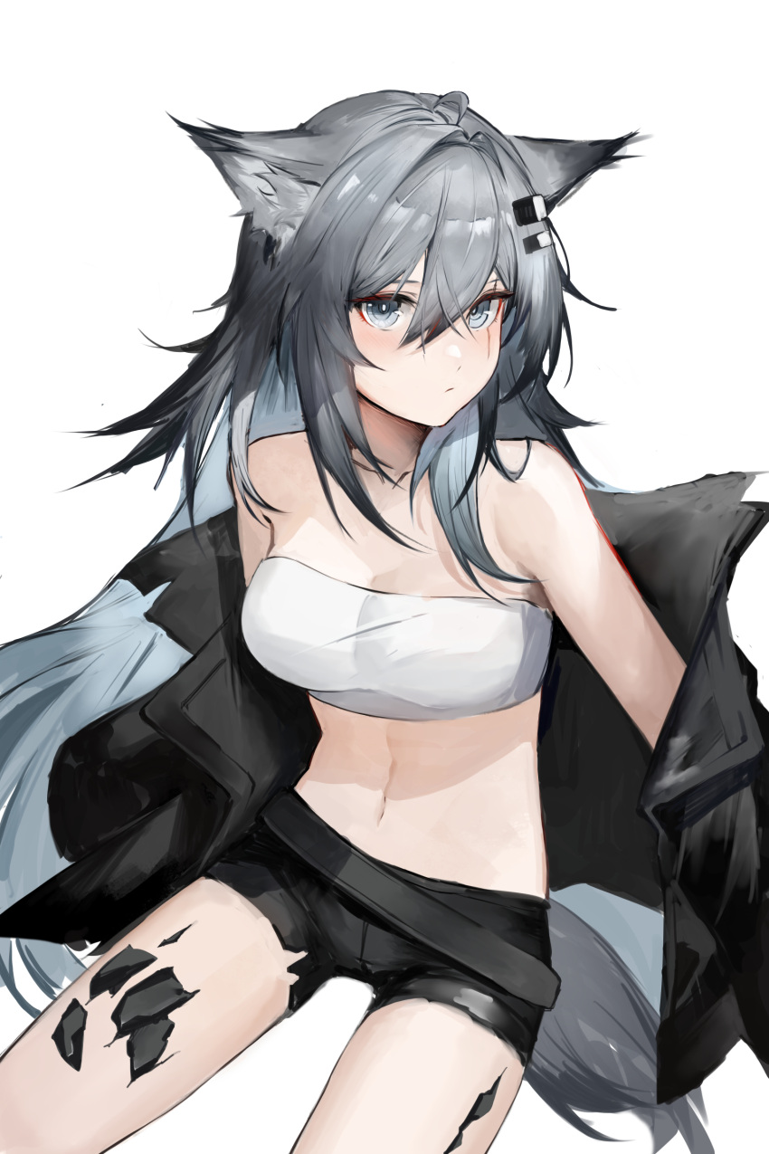 1girl absurdres ahoge animal_ear_fluff animal_ears arknights bandeau bare_shoulders belt black_belt black_jacket black_shorts blue_eyes blue_hair breasts cleavage closed_mouth clothes_down colored_inner_hair commentary cowboy_shot crop_top from_above grey_hair grey_tail hair_between_eyes hair_flowing_over hair_intakes hair_ornament hairclip highres invisible_floor jacket jacket_partially_removed lappland_(arknights) light_blue_hair light_smile long_bangs long_hair long_sleeves looking_at_viewer looking_to_the_side looking_up medium_breasts messy_hair midriff multicolored_hair navel open_clothes open_jacket revision s_4ik4 scar scar_across_eye scar_on_face shadow short_shorts shorts simple_background sitting sleeves_past_fingers sleeves_past_wrists solo stomach strapless tail thighs torn_clothes torn_jacket torn_shorts tube_top turning_head two-tone_hair very_long_hair white_background white_bandeau wolf_ears wolf_girl wolf_tail