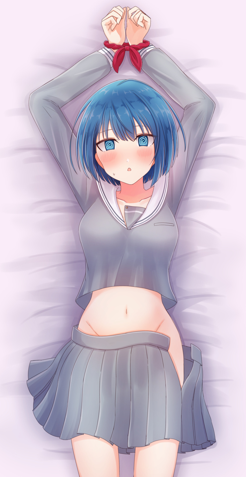 1girl :&lt; @_@ absurdres arms_up bdsm bed_sheet blue_eyes blue_hair blush bob_cut bondage bound bound_wrists breasts collarbone commentary cowboy_shot embarrassed flustered from_above grey_serafuku grey_shirt grey_skirt groin highres kiritani_haruka long_sleeves looking_at_viewer lying masurao19 medium_breasts midriff navel neckerchief no_panties on_back on_bed open_clothes open_skirt own_hands_together parted_bangs pleated_skirt project_sekai red_neckerchief restrained sailor_collar school_uniform serafuku shirt short_hair skirt solo sweatdrop unworn_neckerchief unzipped white_sailor_collar