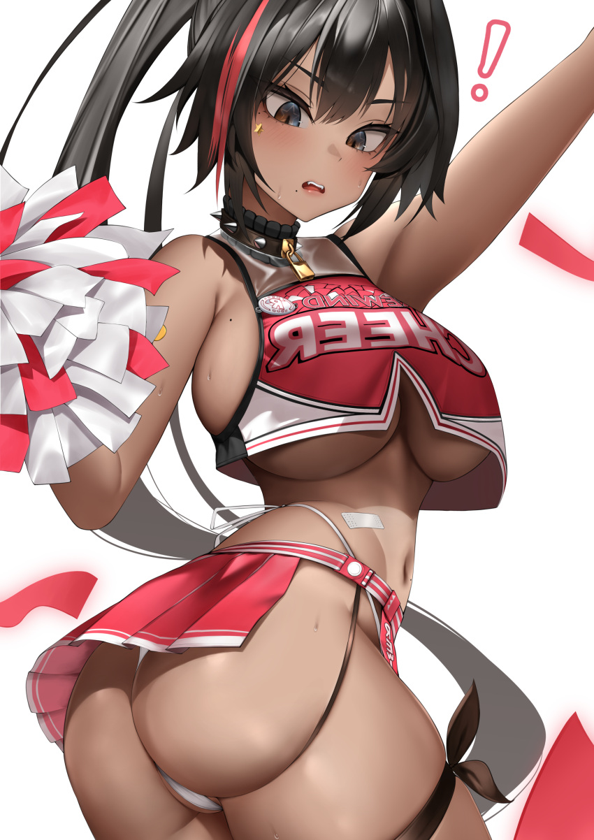 ! 1girl absurdres ahoge ass bay_(nikke) black_hair breasts brown_eyes cheerleader dark-skinned_female dark_skin goddess_of_victory:_nikke hair_intakes highres large_breasts long_hair multicolored_hair navel open_mouth outside_border panties pleated_skirt pom_pom_(cheerleading) ponytail purple_hair red_hair red_skirt ryuvie simple_background skirt solo standing streaked_hair sweat underwear white_background white_panties