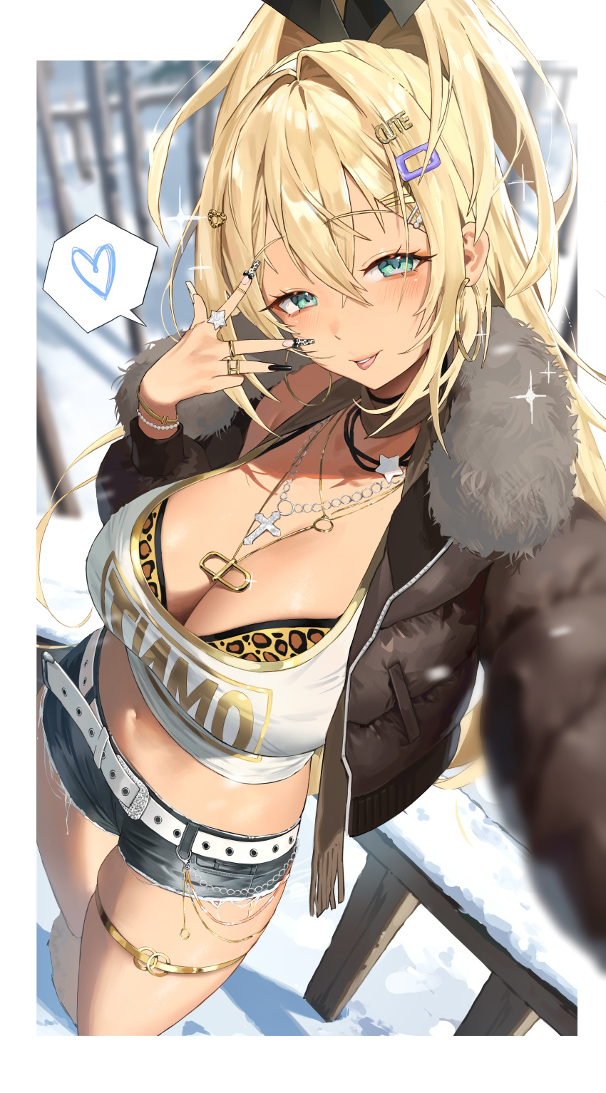 1girl absurdres animal_print black_jacket blonde_hair blurry blurry_background bodiedwile border bra bra_peek breasts crop_top fur-trimmed_jacket fur_trim goddess_of_victory:_nikke green_eyes gyaru hair_between_eyes hair_ornament heart high_ponytail highres jacket jewelry large_breasts leopard_print long_hair long_sleeves looking_at_viewer midriff multiple_rings navel necklace outdoors outside_border ring rupee_(nikke) short_shorts shorts snow solo spoken_heart stomach thigh_strap tongue tongue_out underwear white_border