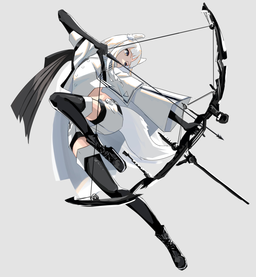 1girl aiming animal_ear_fluff animal_ears arknights bike_shorts bike_shorts_under_shorts black_footwear black_gloves black_thighhighs boots bow_(weapon) bright_pupils compound_bow drawing_bow full_body gloves grey_background highres holding holding_bow_(weapon) holding_weapon horse_ears horse_tail knee_up long_sleeves midriff platinum_(arknights) shirt shorts simple_background solo tail thighhighs weapon white_hair white_shirt white_shorts wuschelminityp yellow_eyes