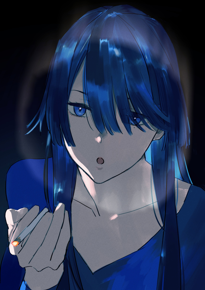 1girl :o aoe_nagi black_background blowing_smoke blue_eyes blue_hair blue_shirt cigarette hair_over_one_eye half-closed_eyes highres holding holding_cigarette kakeami long_hair long_sleeves looking_at_viewer mole mole_under_eye open_mouth shirt shounen_no_abyss simple_background smoke_ring smoking solo upper_body v-neck