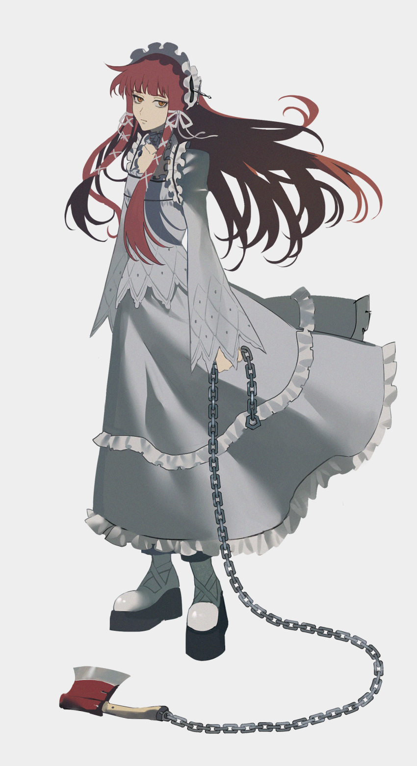 1girl absurdres axe boots chain dress frilled_sleeves frills full_body hair_ornament hair_ribbon highres holding holding_chain long_hair long_sleeves looking_at_viewer maid_headdress persona persona_3 red_hair ribbon sidelocks simple_background sio2_(whynotkarma) solo white_background white_dress white_footwear white_ribbon x_hair_ornament yoshino_chidori