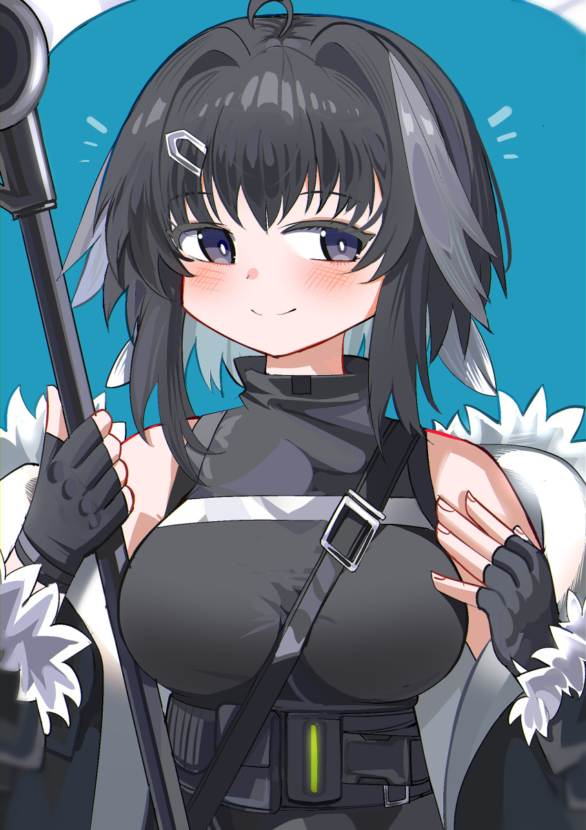 1girl ahoge arknights bare_shoulders between_breasts black_gloves black_hair black_jacket blush breasts closed_mouth fingerless_gloves gloves grey_eyes hair_intakes hands_up highres holding jacket la_pluma_(arknights) medium_breasts notice_lines off_shoulder open_clothes open_jacket sleeveless smile solo spam_(spamham4506) strap_between_breasts turtleneck upper_body