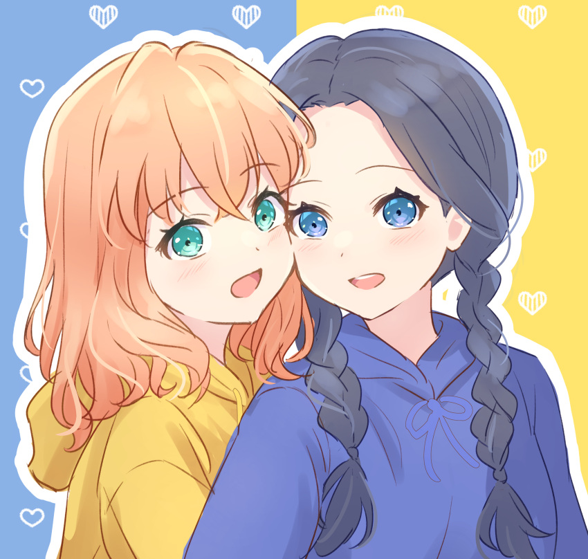 2girls :d absurdres alternate_hairstyle aqua_eyes blue_background blue_eyes blue_hair blue_hoodie blush braid cheek-to-cheek crossed_bangs dark_blue_hair forehead hair_down heads_together heart heart_background highres hinoshita_kaho hood hood_down hoodie link!_like!_love_live! long_hair looking_at_viewer love_live! low_twin_braids medium_hair multiple_girls murano_sayaka open_mouth orange_hair outline parted_bangs smile teeth twin_braids two-tone_background upper_teeth_only white_outline yellow_background yellow_hoodie yutuki_ame