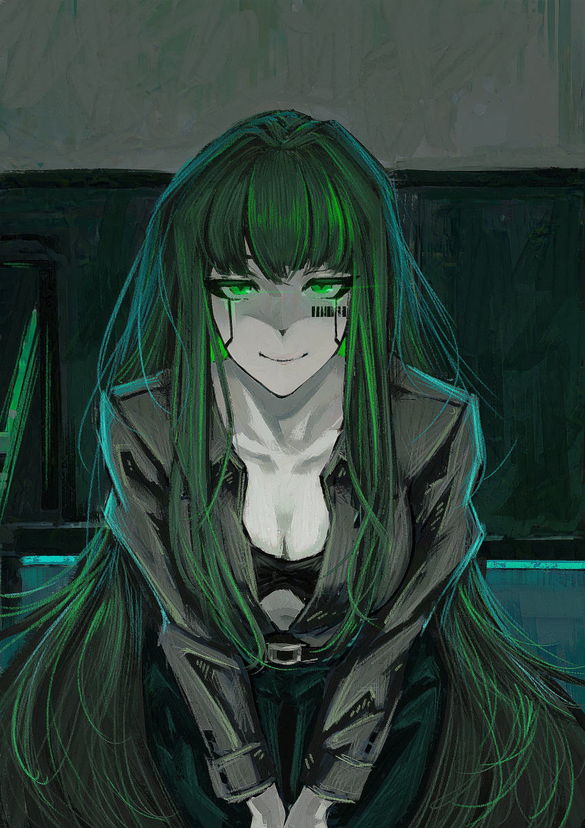 absurdres alfonso_(project_moon) atris2nd barcode belt belt_buckle bra breasts buckle cleavage green_eyes green_hair highres jacket leaning_forward limbus_company long_hair looking_at_viewer navel own_hands_together project_moon underwear