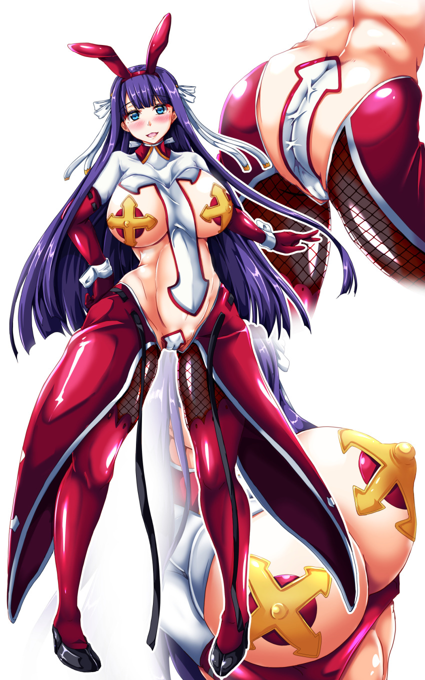 1girl absurdres animal_ears ass blue_eyes blunt_bangs blush breasts cameltoe choker collarbone covered_nipples cross cross_pasties fate/grand_order fate_(series) gloves highres large_breasts latex latex_legwear long_hair looking_at_viewer maebari martha_(fate) meme_attire misakana open_mouth pasties purple_hair rabbit_ears revealing_clothes reverse_bunnysuit reverse_outfit ribbon smile solo straight_hair thighs very_long_hair