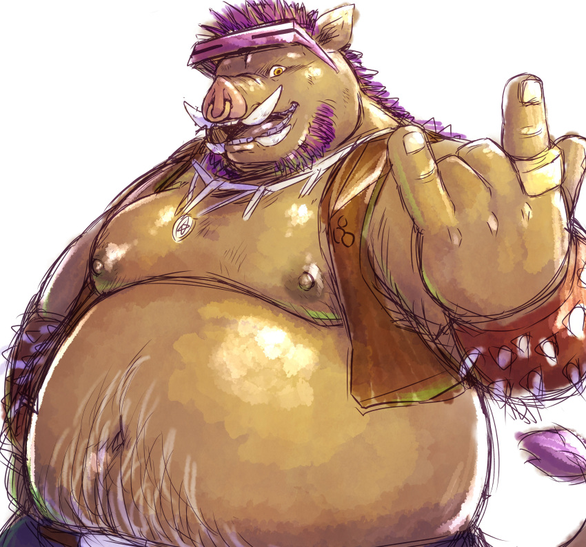 2022 absurd_res anthro bebop belly big_belly chiro_(artist) facial_piercing hi_res humanoid_hands kemono male mammal moobs nipples nose_piercing nose_ring overweight overweight_male piercing simple_background solo suid suina sus_(pig) teenage_mutant_ninja_turtles wild_boar