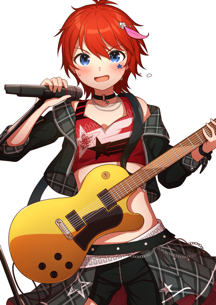 1girl absurdres akatsuki_(artakatuki) belly_chain belt black_choker black_jacket black_shorts blue_eyes blush breasts choker collarbone cropped_shirt dot_nose electric_guitar facial_mark grey_skirt guitar hair_ornament highres holding holding_guitar holding_instrument holding_microphone idolmaster idolmaster_million_live! idolmaster_million_live!_theater_days instrument jacket jewelry julia_(idolmaster) long_sleeves looking_at_viewer microphone microphone_stand multiple_belts necklace open_clothes open_jacket open_mouth overskirt plaid plaid_skirt print_shirt print_skirt red_hair red_shirt shirt short_hair shorts simple_background single_bare_shoulder single_off_shoulder skirt small_breasts smile solo star_(symbol) star_facial_mark star_hair_ornament star_print sweat v-shaped_eyebrows white_background