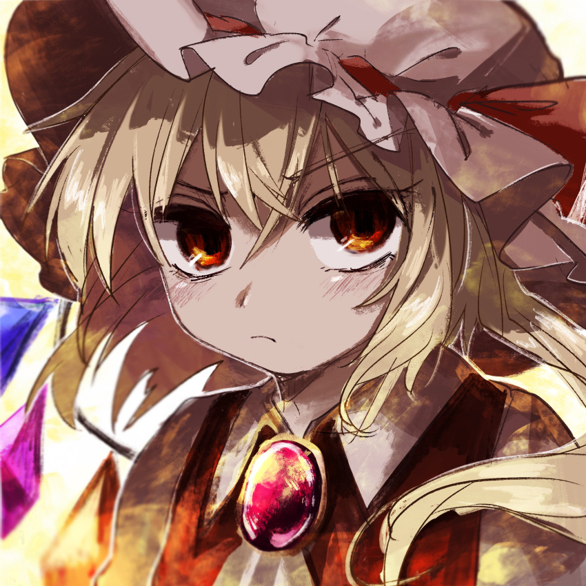 1girl :&lt; absurdres angry ascot bangs blonde_hair brooch closed_mouth collared_shirt commentary_request crossed_bangs crystal face flandre_scarlet hair_between_eyes hat hat_ribbon highres jewelry looking_at_viewer maa_(forsythia1729) medium_hair mob_cap multicolored_wings puffy_short_sleeves puffy_sleeves red_brooch red_eyes red_ribbon red_vest ribbon ribbon-trimmed_headwear ribbon_trim shirt short_sleeves side_ponytail solo touhou upper_body v-shaped_eyebrows vest white_ascot white_headwear white_shirt wings