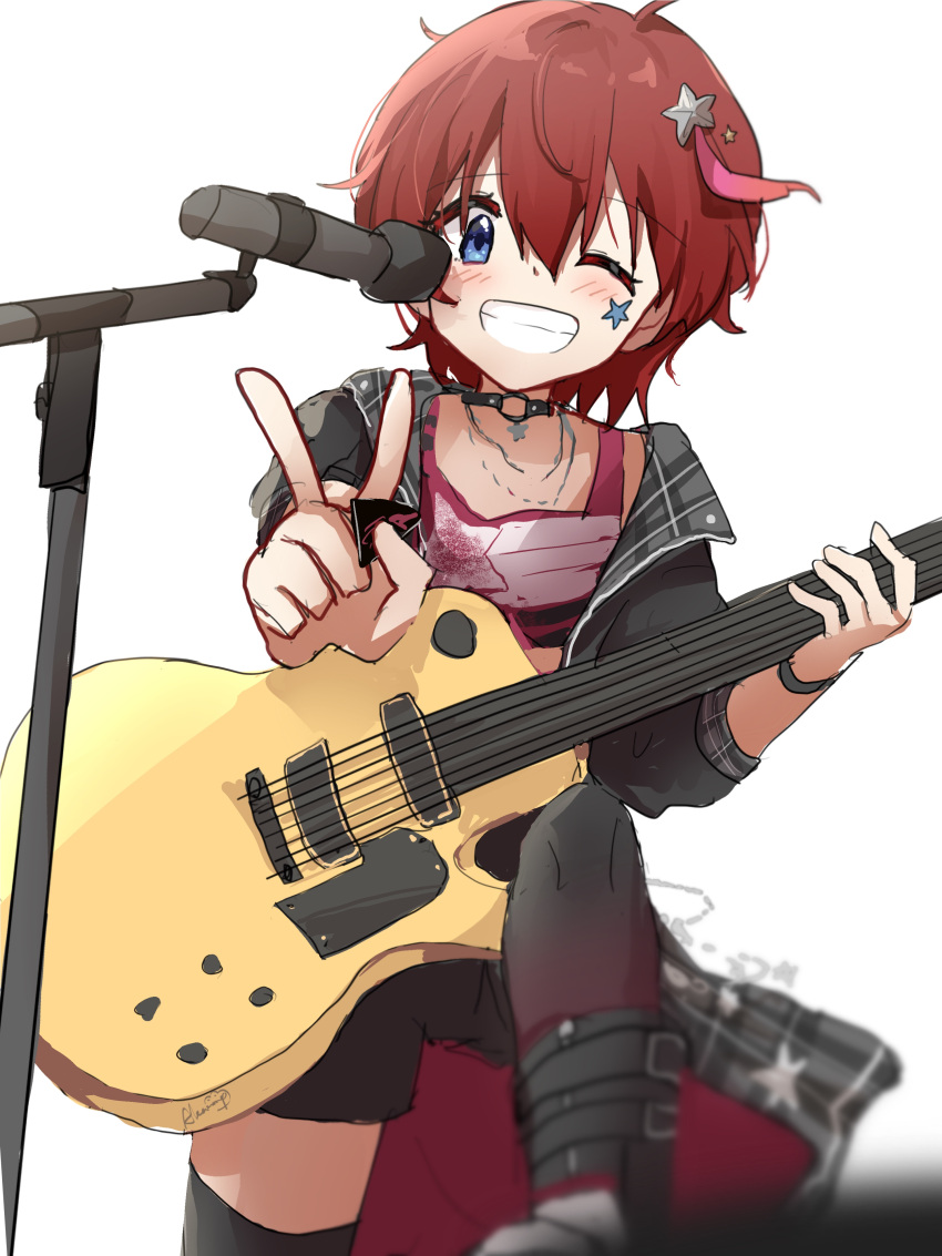 1girl absurdres black_footwear black_jacket black_shorts black_thighhighs blue_eyes blurry blush boots breasts commentary depth_of_field dot_nose electric_guitar facial_mark grin guitar hair_ornament highres holding holding_guitar holding_instrument holding_plectrum idolmaster idolmaster_million_live! idolmaster_million_live!_theater_days instrument jacket jewelry julia_(idolmaster) leg_up long_sleeves looking_at_viewer microphone microphone_stand necklace nnnn one_eye_closed plectrum red_hair red_shirt shirt short_hair shorts signature simple_background small_breasts smile solo star_(symbol) star_facial_mark star_hair_ornament thighhighs v white_background