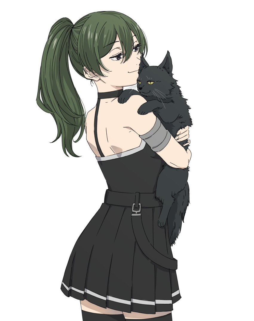 1girl animal animalization armband bare_shoulders belt black_cat black_dress black_thighhighs cat cowboy_shot dress green_hair hair_between_eyes highres holding holding_animal land_(sousou_no_frieren) long_hair looking_to_the_side nagasawa_reiko_(animator) pleated_skirt ponytail simple_background skirt sleeveless sleeveless_dress smile sousou_no_frieren thighhighs ubel_(sousou_no_frieren) white_background zettai_ryouiki