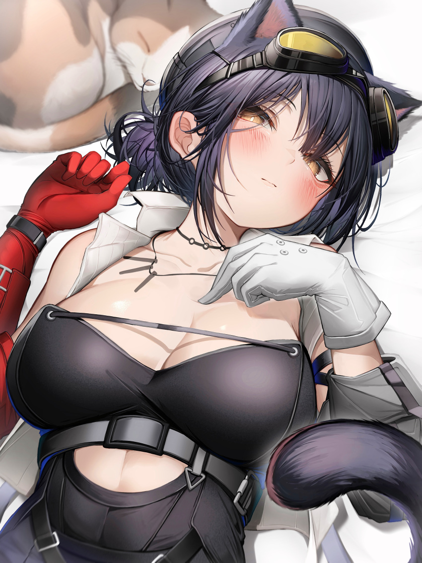 1girl absurdres animal_ears arknights asymmetrical_gloves black_hair black_leotard blush breasts bright_pupils cat cat_ears cat_girl cat_tail cleavage closed_mouth collarbone commentary cutout_above_navel extra_ears gloves goggles goggles_on_head highres jewelry large_breasts leotard looking_at_viewer lying mismatched_gloves necklace on_back ponytail red_gloves rockrock_(arknights) solo tab_head tail underbust upper_body white_gloves white_pupils yellow_eyes