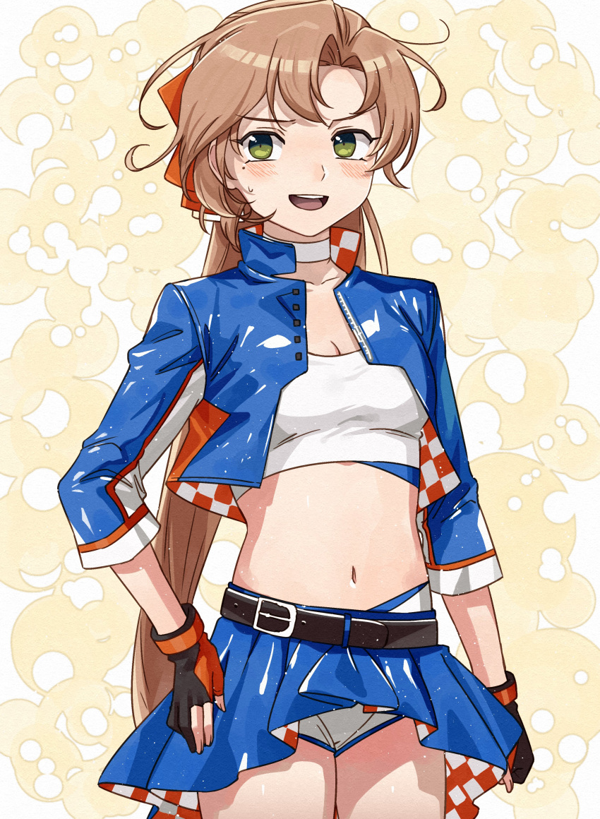 1girl absurdres akigumo_(kancolle) bandeau belt black_gloves blue_jacket blue_skirt breasts brown_hair cropped_jacket gloves green_eyes hair_ribbon highres jacket kanmiya_shinobu kantai_collection long_hair looking_at_viewer midriff mole mole_under_eye navel official_alternate_costume open_mouth partially_fingerless_gloves ponytail ribbon shorts shorts_under_skirt simple_background skirt small_breasts solo standing white_bandeau white_shorts