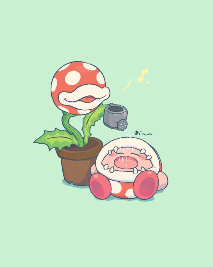 blush_stickers closed_eyes colored_skin eighth_note green_background harukui highres holding holding_watering_can kirby kirby_(series) leaf lying mario_(series) musical_note on_back open_mouth parted_lips pink_skin piranha_plant plant potted_plant simple_background smile spoken_musical_note watering watering_can