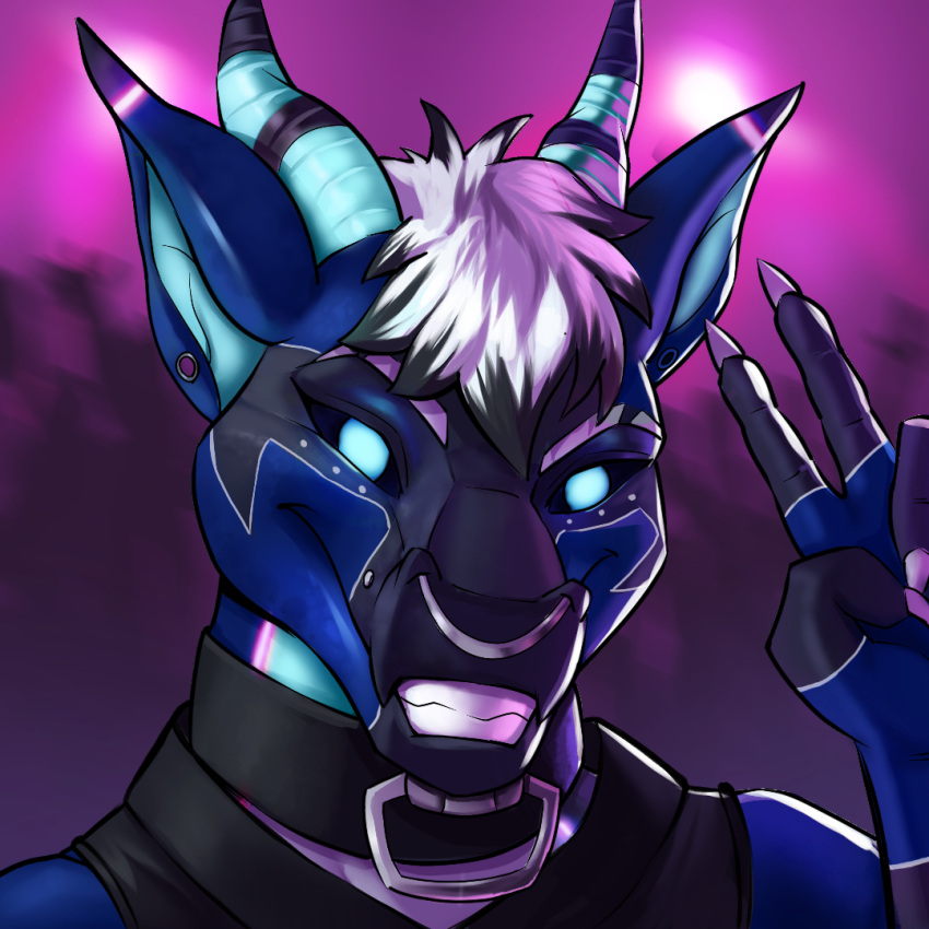 anthro clothing collar dragon facial_piercing gesture glowing glowing_eyes glowing_markings grin hair harness hoodie horn male markings neon nose_piercing piercing portrait septum_piercing sir_lorart smile smiling_at_viewer solo topwear v_sign xargos