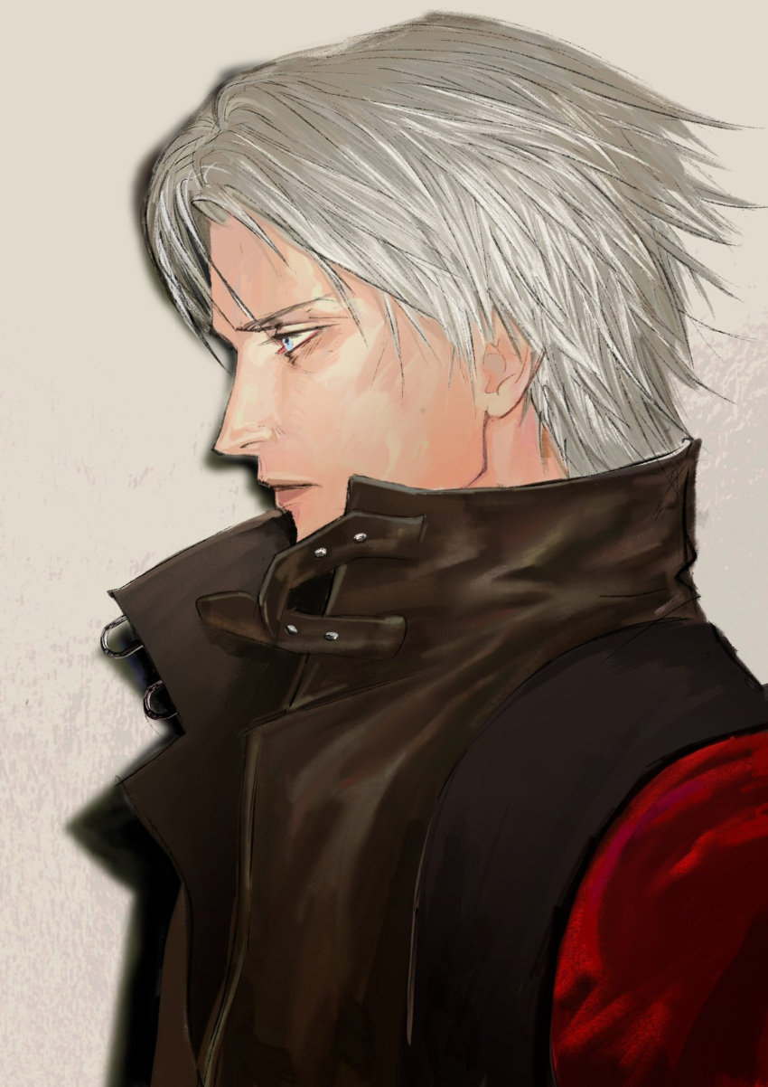 1boy blue_eyes clif_um close-up closed_mouth dante_(devil_may_cry) devil_may_cry_(series) devil_may_cry_2 expressionless from_side highres looking_to_the_side male_focus parted_lips portrait profile simple_background solo solo_focus white_hair