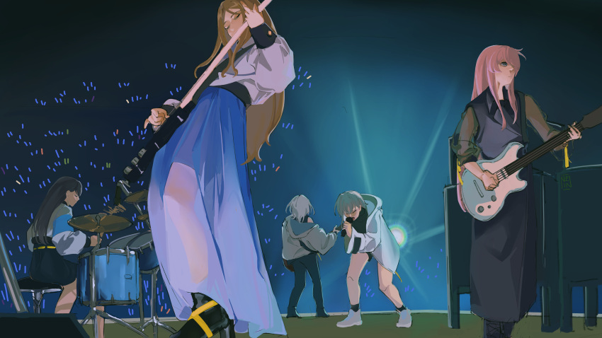 absurdres audience bang_dream! bang_dream!_it's_mygo!!!!! black_dress black_hair black_pants black_shirt black_skirt blue_skirt brown_hair chihaya_anon closed_eyes commentary dress drum drum_set drumsticks english_commentary glowstick grey_eyes grey_hair highres holding holding_drumsticks hood hooded_jacket instrument jacket kaname_raana long_hair long_sleeves music mygo!!!!!_(bang_dream!) nagasaki_soyo neinthedeer open_clothes open_jacket pants penlight_(glowstick) photo-referenced pink_hair playing_guitar playing_instrument see-through see-through_sleeves shiina_taki shirt short_hair sidelocks signature singing sitting skirt standing takamatsu_tomori white_hair white_jacket white_shirt