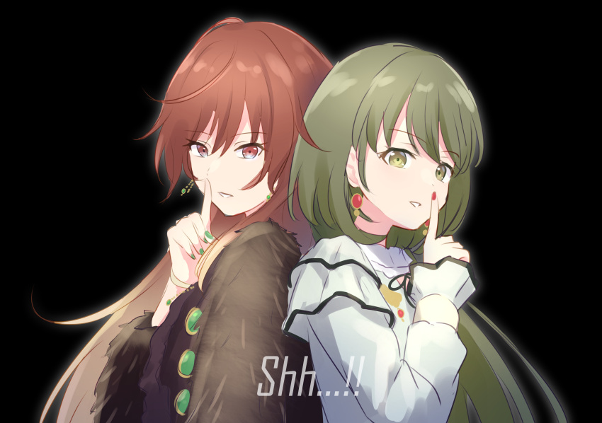 2girls :d absurdres aketa_mikoto black_background black_jacket black_shirt blonde_hair blue_eyes brown_eyes brown_hair dress earrings finger_to_mouth gradient_eyes gradient_hair green_dress green_eyes green_hair green_nails grin highres idolmaster idolmaster_shiny_colors jacket jewelry long_hair long_sleeves looking_at_viewer multicolored_eyes multicolored_hair multiple_girls nanakusa_nichika open_clothes open_jacket shhis_(idolmaster) shirt shushing smile yutuki_ame