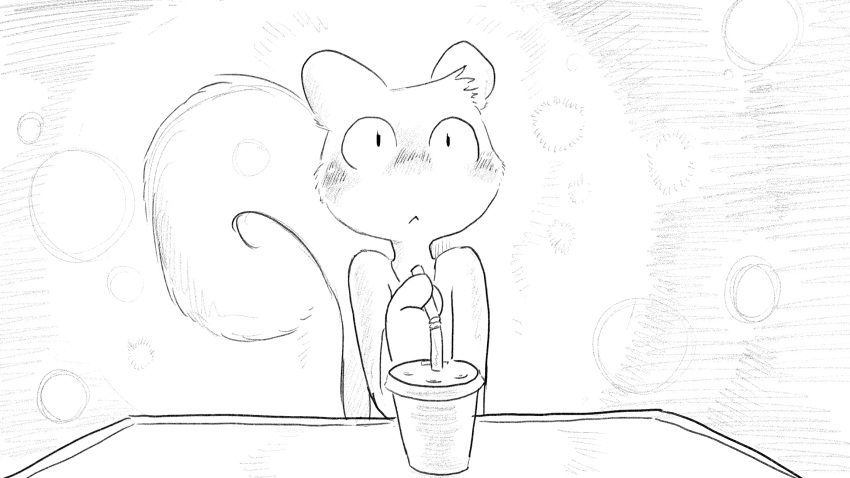 16:9 animal_crossing anthro beverage biped blush clothed clothing dragonweirdo front_view fur hi_res male mammal marshal_(animal_crossing) monochrome nintendo rodent sciurid sitting solo tail tree_squirrel widescreen
