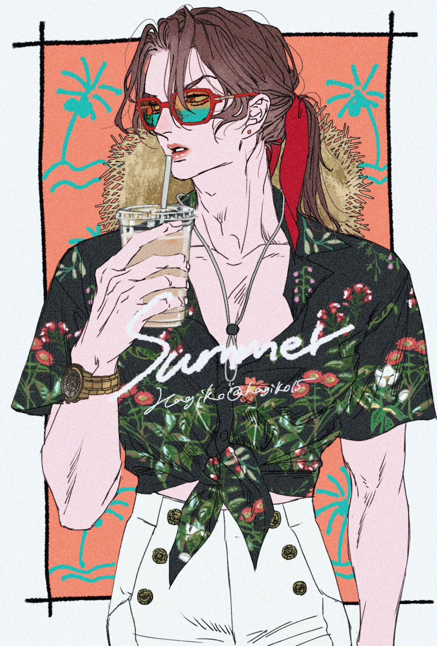 1boy aegyo_sal artist_name blue-tinted_eyewear brown_hair collarbone collared_shirt cowboy_shot cup disposable_cup hagiko15 hair_ribbon hat hawaiian_shirt highres holding holding_cup illuso jojo_no_kimyou_na_bouken male_focus open_collar panties parted_bangs parted_lips pink_lips ponytail red-framed_eyewear red_eyes red_ribbon ribbon shirt short_sleeves sleeves_past_wrists solo straw_hat tied_shirt tinted_eyewear twitter_username underwear unworn_hat unworn_headwear vento_aureo white_panties