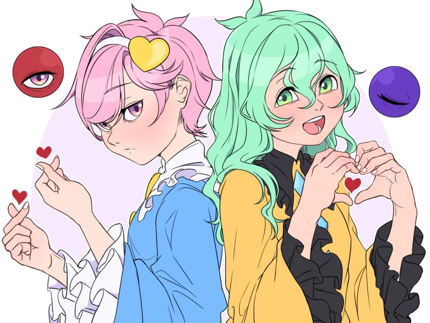 1girl 2girls blue_gemstone blush eyeball frills gem green_eyes green_hair hair_ornament hairband heart komeiji_koishi komeiji_satori long_sleeves looking_at_viewer mefomefo multiple_girls open_mouth pink_eyes pink_hair purple_hair red_eyes shirt short_hair skirt smile third_eye touhou wide_sleeves