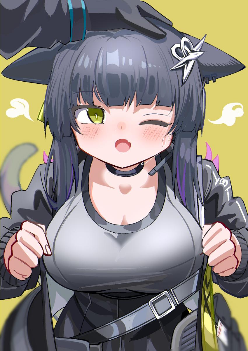 1girl 1other ;o animal_ears arknights black_hair black_jacket black_skirt blush breasts brown_background cat_ears cat_girl cat_tail cleavage doctor_(arknights) ear_piercing fang grey_shirt headpat headset highres jacket jessica_(arknights) large_breasts long_sleeves multicolored_hair one_eye_closed open_clothes open_jacket open_mouth out_of_frame piercing pleated_skirt puffy_long_sleeves puffy_sleeves purple_hair shirt simple_background skirt solo_focus spam_(spamham4506) streaked_hair sweat tail