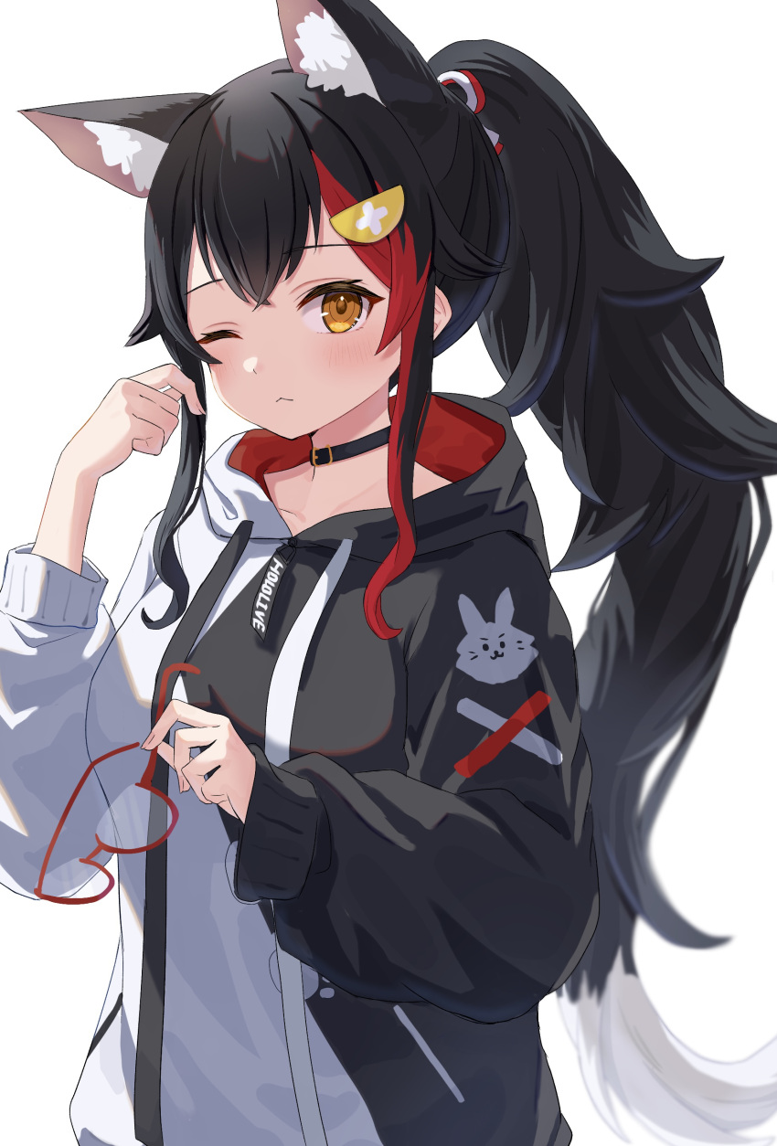 1girl ;&lt; absurdres animal_ear_fluff animal_ears bangs black_choker black_hair black_hoodie blush brown_eyes choker closed_mouth eyebrows_visible_through_hair eyewear_removed glasses hair_ornament hairclip highres holding holding_eyewear hololive hood hood_down hoodie long_hair long_sleeves looking_at_viewer mei_am0 multicolored_hair ookami_mio ponytail red_hair solo streaked_hair two-tone_hoodie upper_body very_long_hair virtual_youtuber white_hair white_hoodie wolf_ears wolf_girl