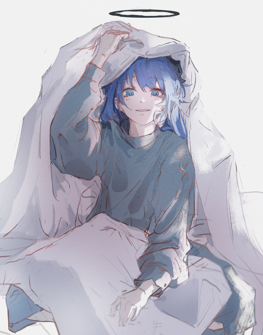 1girl absurdres arknights blue_eyes blue_hair blush commentary elyzerda english_commentary grey_sweater halo highres long_hair long_sleeves looking_at_viewer mostima_(arknights) open_mouth simple_background solo sweater under_covers white_background