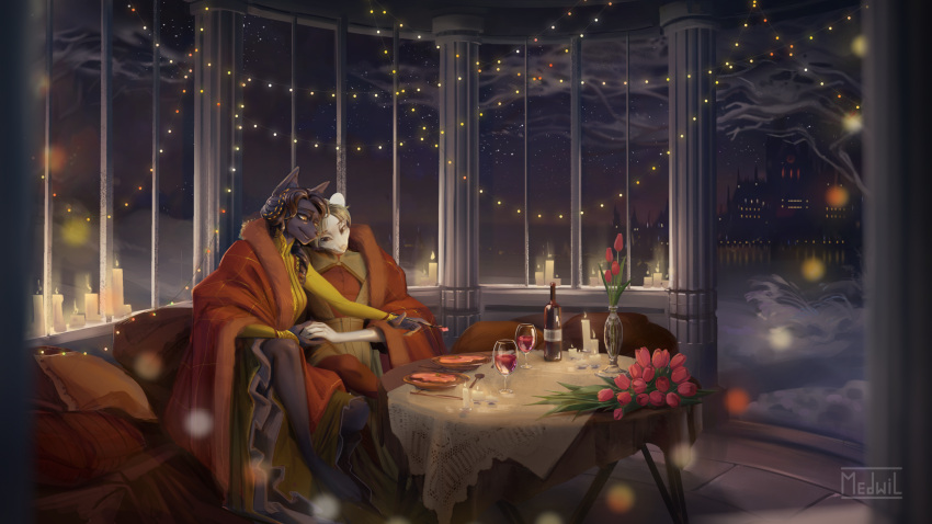 alcohol anthro bedding beverage blanket cozy dinner duo evening female food garland gazebo hi_res lights male male/female medwil night romantic wine winter