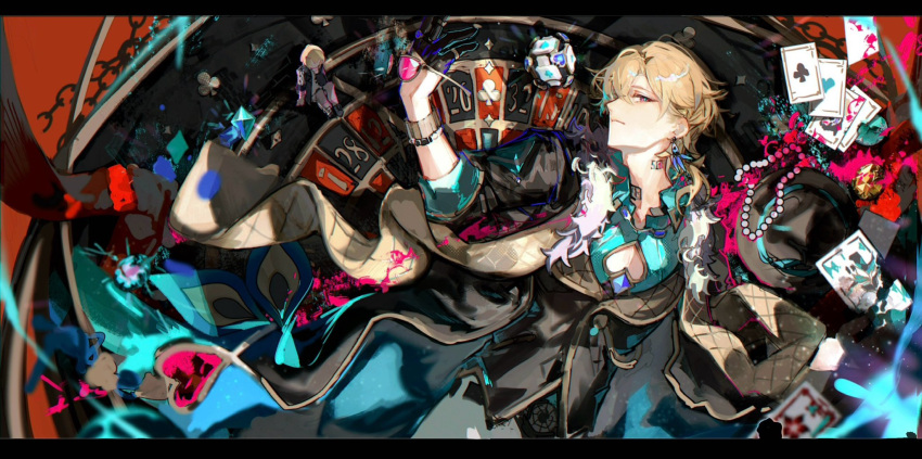 1boy aqua_shirt aventurine_(honkai:_star_rail) black_gloves black_hat blonde_hair bracelet card closed_mouth clothing_cutout collared_shirt dichlorvos121 earrings fur_trim gloves hair_over_one_eye hat highres honkai:_star_rail honkai_(series) jewelry male_focus multicolored_eyes neck_tattoo pectoral_cleavage pectorals playing_card roulette_table shirt short_hair solo table tattoo tinted_eyewear two-tone_eyes unworn_eyewear unworn_hat unworn_headwear