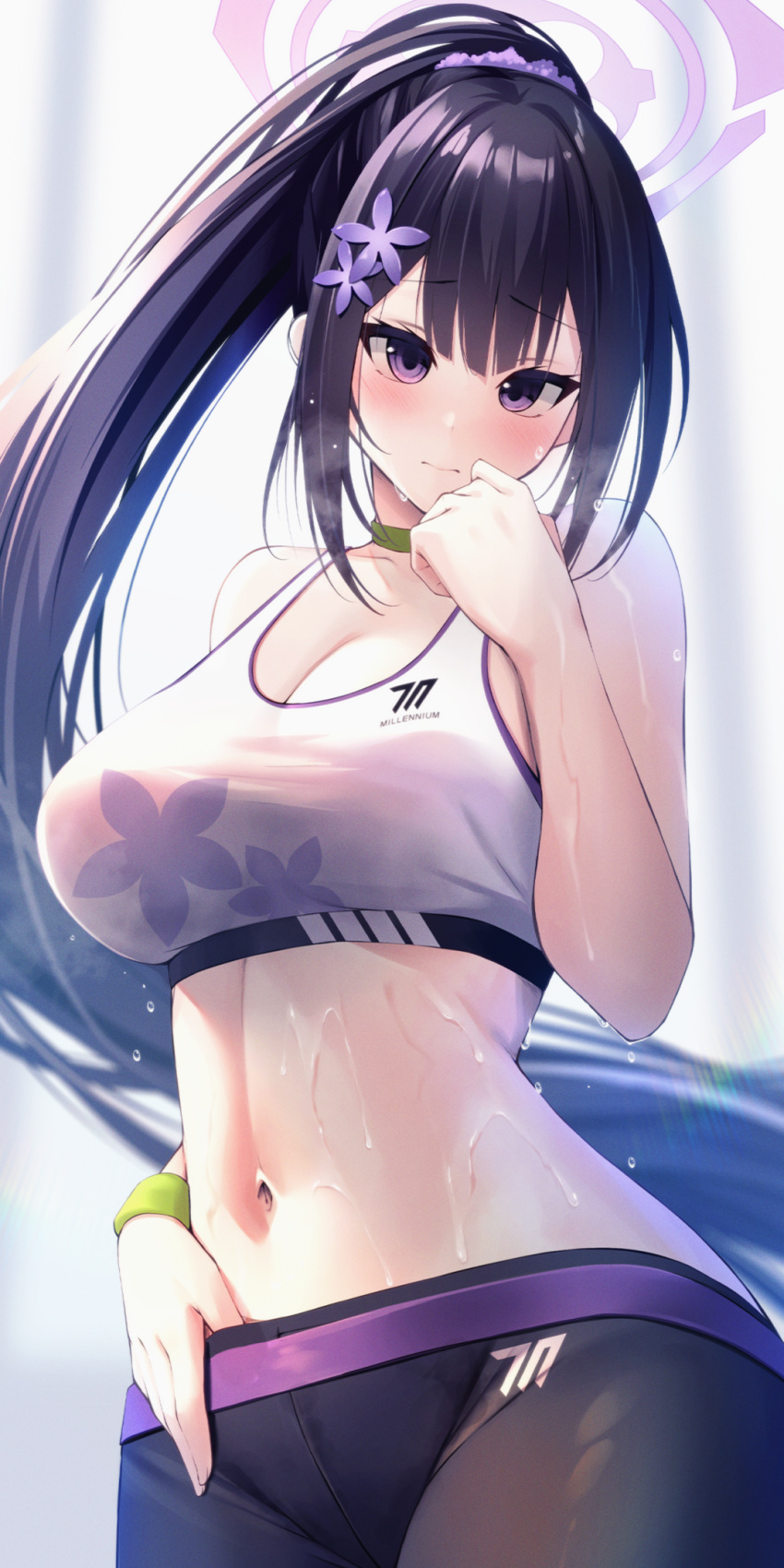 1girl bare_shoulders black_hair black_pants blue_archive blush breasts choker cleavage closed_mouth collarbone commentary_request cowboy_shot flower green_choker hair_between_eyes hair_flower hair_ornament hair_scrunchie halo hand_up highres large_breasts long_hair looking_at_viewer midriff mutsumi_nemuru navel pants ponytail purple_eyes purple_scrunchie scrunchie sidelocks solo sports_bra standing steaming_body stomach sumire_(blue_archive) sweat sweatband very_long_hair white_sports_bra yoga_pants