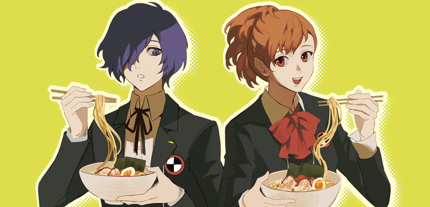 1boy 1girl badge black_jacket black_ribbon blue_eyes blue_hair bow bowtie brown_hair chopsticks collared_shirt food hair_over_one_eye high_ponytail highres holding holding_chopsticks jacket long_sleeves medium_hair neck_ribbon noodles open_mouth persona persona_3 persona_3_portable ramen red_bow red_bowtie red_eyes ribbon shiomi_kotone shirt simple_background sio2_(whynotkarma) smile softboiled_egg upper_body white_shirt wing_collar yellow_background yuuki_makoto_(persona_3)