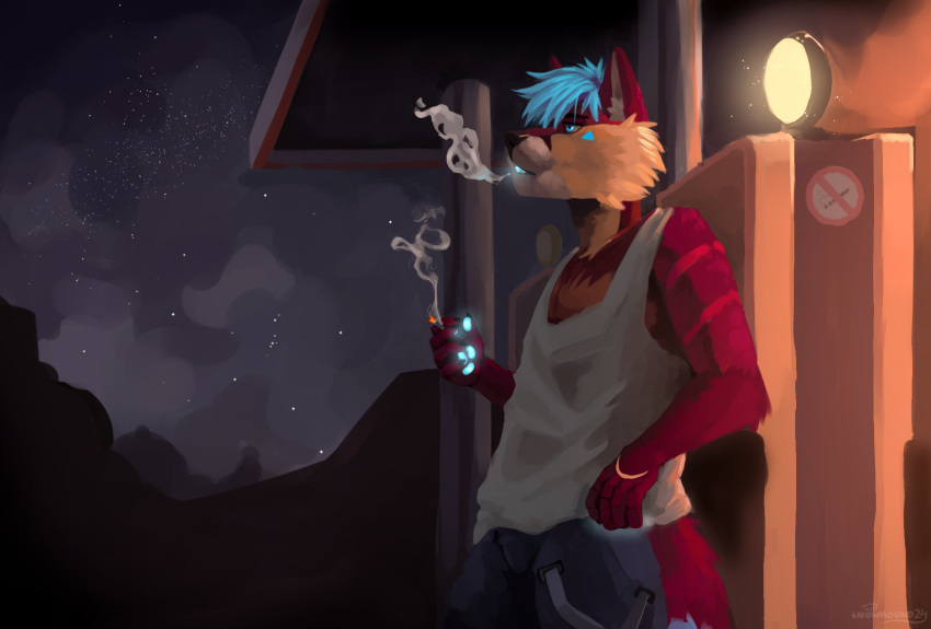 anthro canid canine cigarette clothed clothing digital_media_(artwork) fox fur gas_station glowing glowing_mouth glowing_pawpads hair hi_res male mammal night pawpads smoke smoking snow.hound solo tail