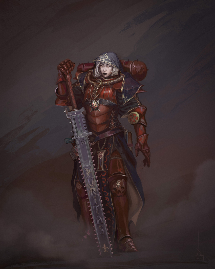 1girl absurdres adepta_sororitas armor armored_boots armored_gloves bead_necklace beads boots chainsword dark_background fleur-de-lis highres holding holding_chainsword holding_weapon hood huge_weapon jewelry necklace nictanova ornate_armor power_armor purity_seal red_armor simple_background warhammer_40k weapon white_hair