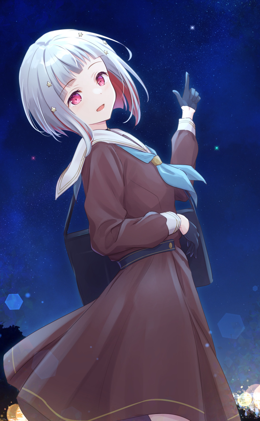 1girl :d absurdres aqua_neckerchief bag black_choker black_gloves blurry bob_cut bokeh brown_dress choker colored_inner_hair depth_of_field diagonal_bangs dress gloves grey_hair hair_ornament half_gloves hasu_no_sora_school_uniform highres inverted_bob link!_like!_love_live! long_sleeves looking_at_viewer looking_back love_live! medium_dress multicolored_hair neckerchief night night_sky open_mouth pleated_dress pointing red_eyes red_hair sailor_collar sailor_dress school_bag school_uniform short_hair shoulder_bag sky smile solo star_(sky) star_(symbol) star_hair_ornament starry_sky streaked_hair white_sailor_collar winter_uniform yugiri_tsuzuri yutuki_ame